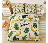 Crème Vert Jaune Banane Feuilles Lettres Housse de Couette 200 x 200 cm, Housses de Couette Illustration Microfibre Douce et Respirante avec Taie d'oreiller