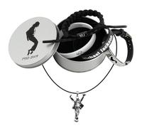 cremtivewmo 5 pièces Pop Music Star Style Stuff, collier Superstar, bracelet signature en acier titane noir, bracelet tissé à la main, bracelet en silicone noir et blanc, boîte cadeau en métal de