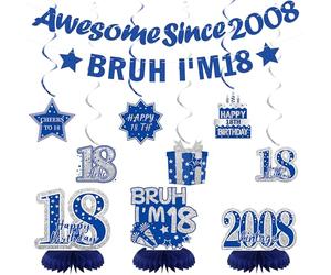 Crenics Décorations bleues de 18e anniversaire pour garçons - Bannière « Awesome Since 2008 », bannière Bruh I'm 18, centres de table en nid d'abeille et tourbillons à suspendre pour 18 ans
