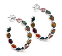 Créoles Femme Opale Multicolore Argent 925, Boucles d'Oreilles Artisanales Pierre Fine