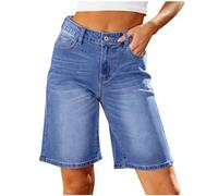 CreoQIJI Bermuda en jean pour femme - Longueur genou - Décontracté - Denim - Taille haute - Short d'été tendance - Baggy Y2K Streetwear - Short en jean stretch - Pour fille, bleu, M