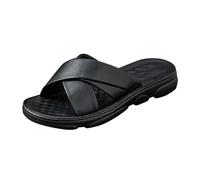 CreoQIJI Pantoufles d'été plates pour femme - Sangle croisée - Bout ouvert - Confortables - Antidérapantes - Semelles légères et douces - Sandales de plage respirantes, Noir , 42 EU