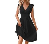 CreoQIJI Robe de cocktail simple pour femme avec col en jacquard en dentelle et col en V amincissant grande taille robe noire à manches longues pour femme, Noir , L