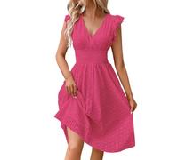 CreoQIJI Robe de cocktail simple pour femme avec col en jacquard en dentelle et col en V amincissant grande taille robe noire à manches longues pour femme, Rose, L