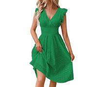 CreoQIJI Robe de cocktail simple pour femme avec col en jacquard en dentelle et col en V amincissant grande taille robe noire à manches longues pour femme, vert, S