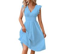 CreoQIJI Robe de cocktail simple pour femme avec col en jacquard en dentelle et col en V amincissant grande taille robe noire à manches longues pour femme, bleu, L