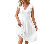 CreoQIJI Robe de cocktail simple pour femme avec col en jacquard en dentelle et col en V amincissant grande taille robe noire à manches longues pour femme, Blanc., S