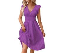 CreoQIJI Robe de cocktail simple pour femme avec col en jacquard en dentelle et col en V amincissant grande taille robe noire à manches longues pour femme, lilas, S