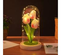 Creperture Tulip Eternelle sous Cloche avec lumières LED Décoration d'intérieur Veilleuse Dôme en Verre Fleurs Artificielles Cadeau pour Anniversaire, Fête des Mères,Saint-Valentin