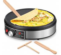 Crêpière électrique 1200 W, plaque antiadhésive, température réglable | Boîtier en acier inoxydable, plaque en fonte, protection contre la surchauffe, rangement du cordon et pieds antidérapants