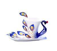 Crepundia Ensemble Tasse et Soucoupe, Crafted Creative 3D Hand Émail Peacock Coffee Cup Set avec soucoupe et cuillère présent tasse de thé d'eau en céramique vaisselle cadeau(230ml,Blue)