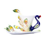 Crepundia Ensemble Tasse et Soucoupe, Crafted Creative 3D Hand Émail Peacock Coffee Cup Set avec soucoupe et cuillère présent tasse de thé d'eau en céramique vaisselle cadeau(230ml,Green)