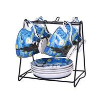 Crepundia Ensemble Tasse et Soucoupe, Starry Sky, Café de nuit, semeur, tournesols, iris, abricot Fleurs Art Peinture mugs à café tasses thé(H 4 SET)