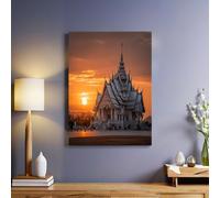 CréPuscule Art mural Architecture thaïlandaise au coucher du soleil Impression sur toile 50x40 cm Tableau décoratif moderne avec cadre bois solide Idéal pour salon chambre restaurant café bureau