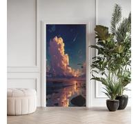 Crépuscule Effet 3D Sticker Porte, Paysage Marin Plage Papier Autocollant Porte Mural Décoration 95x215 cm, Étoile Filante Stickers Muraux Amovible PVC