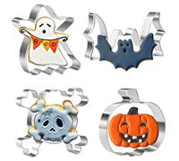 Crethinkaty Lot de 4 emporte-pièces d'Halloween pour pâtisserie - Fantôme, chauve-souris, citrouille et crâne, forme ronde en acier inoxydable pour biscuit/pâtisserie