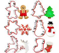 Crethinkaty Lot de 6 emporte-pièces de Noël en acier inoxydable avec bord en silicone souple bonhomme en pain d'épices, arbre de Noël, renne, flocon de neige, bonhomme de neige et chaussette de Noël pour biscuits