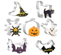 Crethinkaty Lot de 7 emporte-pièces d'Halloween en forme de fantôme, chauve-souris, citrouille, chat, chapeau de sorcière, araignée - Emporte-pièces en métal pour décoration de gâteaux de fête