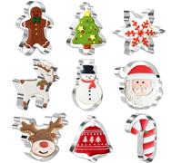 Crethinkaty Lot de 9 emporte-pièces de Noël en forme de flocon de neige, bonhomme en pain d'épices, arbre de Noël, bonhomme de neige, tête de renne, cloche, visage de Père Noël, renne, canne à sucre