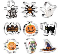 Crethinkaty Lot de 9 emporte-pièces d'Halloween en acier inoxydable citrouille, fantôme, chauve-souris, crâne, araignée, chapeau de sorcière, toile d'araignée, bonhomme en pain d'épices, chat
