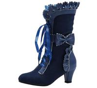 CRETUAO Bottes victoriennes Vintage mi-Mollet pour Femmes,Bottes Kawaii Lacets avec nœud Mignon,Bottes rétro Gothiques des années 70,Bottes Cosplay en Faux Daim pour fête Mariage,Bleu,41 EU