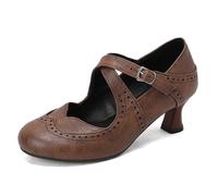 CRETUAO Escarpins Classiques Mary Jane pour Femmes, Escarpins à Talons Bas victoriens Mignons, Chaussures habillées à Bout Rond rétro des années 1950 avec Bride à la Cheville,A Brown,40 EU