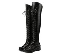 CRETUAO Femmes Genou Haute Botte Plate Croix Dentelle sur Cuir Cavalier Bottes Classique Bout Rond Bloc Talon fête Bottes Fermeture éclair côté équitation Bottes,Noir,45 EU