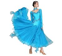 CRETUAO Robes Danse Salon pour Femmes,Robe compétition Valse Foxtrot brodée au Diamant exquise, Robe de Danse de Danse Moderne à Manches Longues,Bleu,XL
