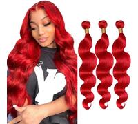 Creuost Lot de 3 trames de cheveux humains ondulés de couleur rouge - Total de 300 g - 100 % non transformés - Sans colle - Double trame - 76,2 cm, 81,3 cm, 86,4 cm