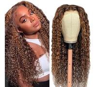 Creuost Perruque Naturelle Brésilien 4x4 Lace Frontal Human Hair Wig Kinky Curly Glueless 150% Density Brazilian Virgin Hair Pre Plucked With Baby Hair p4/30 Highlight Brown Color 14 Inch