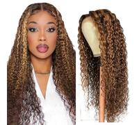 Creuost Perruque Naturelle Brésilien 4x4 Lace Frontal Human Hair Wig Kinky Curly Glueless 150% Density Brazilian Virgin Hair Pre Plucked Baby Hair P4/27 Highlight Blonde Brown Color 28 Inch