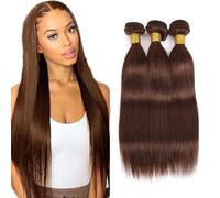 Creuost Straight Human Hair Bundles #4 Chocolate Brown Hair Extensions Cheveux Humains TisséS For Women 100% Unprocessed Brazilian Virgin Hair 3 Bundles 30 32 34 Pouces