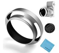 creux Lens Hood, Fotover universel en métal creux inclinée ventilé Lens Hood incurvé avec centre Pincez Lens Cap pour Leica Canon Nikon Sony Pentax Olympus Fuji Camera + chiffon de nettoyage en microfibre, Argent