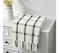 CREVENT Couverture en Chenille Respirante, Douce et Chaude pour canapé, lit, décoration d'intérieur avec Pompons (Noir et Blanc) 127 x 152 cm