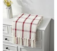 CREVENT Couverture en Chenille Respirante, Douce et Chaude pour canapé, lit, décoration d'intérieur avec Pompons (Rouge et Blanc) 127 x 152 cm