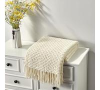 CREVENT Couverture tricotée bohème de Style Fermier pour canapé, Sofa, Chaise, lit, décoration de la Maison, Douce, Chaude, Confortable, légère pour Printemps, été, Automne (152cmX203cm Beige)