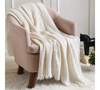 CREVENT Couverture tricotée de Style Rustique bohème pour canapé, Chaise, lit, décoration d'intérieur, Douce, Chaude, Confortable, légère pour Le Printemps(127 x 152,4 cm, Blanc cassé/Ivoire/crème)