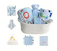 CREVENT Ensemble Cadeau de Bienvenue pour bébé avec Deux couvertures + Une Couverture de sécurité + Un taggie + Un Sac Cadeau avec Ruban (Bleu)