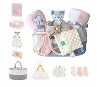 CREVENT Ensemble pour Fille - Panier à Couches avec 2 couvertures, 1 Taggie, 1 Lovey, 3 Chaussettes, 1 Bandeau, 1 Sac Cadeau avec nœud - Coffret Cadeau Essentiel pour Nouveau-né (Rose)