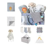 CREVENT Ensemble pour nouveau-nés - Panier de rangement pour couches avec 2 couvertures, 1 taggie, 1 Lovey, 3 chaussettes, 1 sac cadeau avec ruban - Coffret cadeau essentiel de bienvenue (neutre)