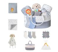 CREVENT Ensemble pour nouveau-nés - Panier de rangement pour couches avec 2 couvertures, 1 taggie, 1 Lovey, 3 chaussettes, 1 sac cadeau avec ruban - Coffret cadeau essentiel de bienvenue (neutre)