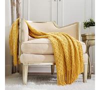 CREVENT Plaid décoratif en Tricot, Doux, Chaud, Confortable, léger pour canapé, Chaise, lit, pour Le Printemps, l’été, 127 cm x 152 cm, Jaune Moutarde