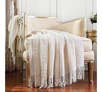 CREVENT Plaid décoratif en Tricot, Doux, Chaud, Confortable, léger pour Maison, canapé, Chaise, lit - 127 x 152 cm, crème/Blanc