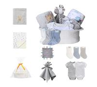 CREVENT Set de cadeaux pour filles et garçons - Panier de rangement pour couches avec 2 couvertures, 1 Taggie, 1 Lovey, 3 chaussettes，2 bodys，1 sac cadeau avec ruban - Nouveau-né Essentiel Baby Shower