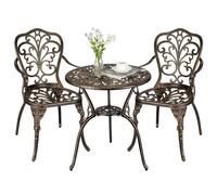 Crevyteg 3pcs Ensemble de Table et Chaise MéTal avec Table et 2pcs Chaises Romantique Jardin Balcon Kit Alliage Aluminium Mobilier de Salon 2 Personnes Jardin Terrasse Balcon VéRanda Piscine Bronze