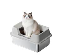 Crevyteg Bac à litière pour chat en acier inoxydable avec couvercle, 32 L, extra large, pour grands chats, facile à nettoyer et sans odeur, plateau à litière en métal stable, 50 x 35 x 22 cm, gris