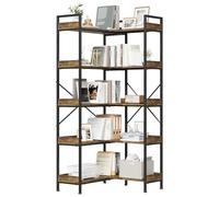 Crevyteg Bibliothèque d’Angle Industrielle en Forme de L - 5 Niveaux - 10 étagères Ouvertes - 4 Crochets - Cadre métal Robuste - idéale Salon, Chambre, Bureau - JJSJ-003 Ironwood Five-Tier Bookshelf