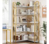 Crevyteg Bibliothèque d'angle à 5 étages en bois avec cadre en métal - Étagère d'angle debout avec étagère ouverte - 83 x 83 x 183 cm - Décoration pour salon, chambre, bureau, cuisine, dorée