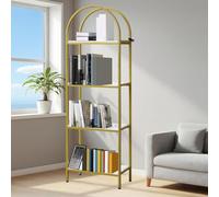 Crevyteg Bibliothèque de Bureau Moderne arquée 4 Niveaux - Étagère autoportante en métal doré et Panneaux Blancs Effet marbre - Rangement Ouvert, Design Gain de Place, Structure Solide - pour Salon,