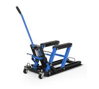 Crevyteg Cric Moto hydraulique 680 kg - Table élévatrice à Ciseaux avec pédale au Pied, Roues et poignée - Hauteur réglable 11,5-39 cm - pour Entretien et réparation Motos, ATV, UTV - Noir et Bleu
